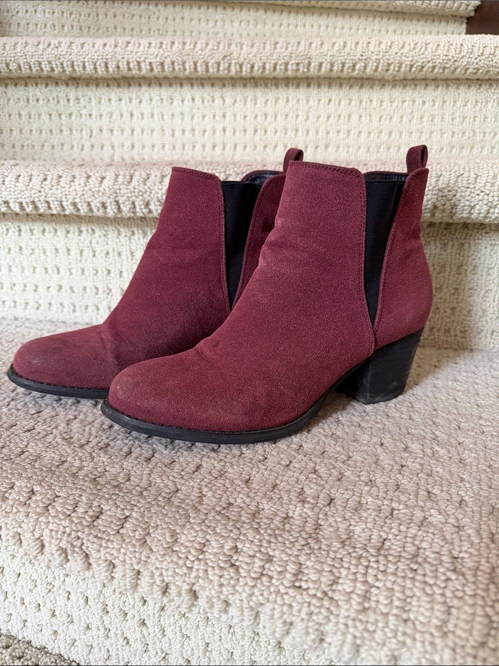 Burgundy Suede Look Chelsea Ankle Boots Block Heel
